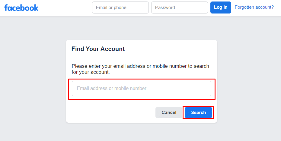 أدخل عنوان البريد الإلكتروني أو رقم الهاتف المحمول وانقر فوق بحث | كيفية تغيير رقم الهاتف على Facebook