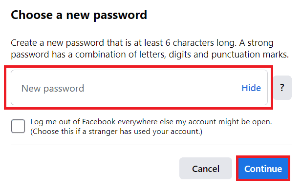 Immettere la Nuova password e fare clic su Continua | Come modificare il numero di telefono su Facebook | recuperare la password di Facebook senza codice