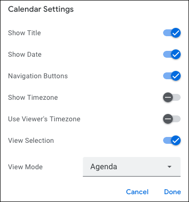 Configuración de visualización del calendario