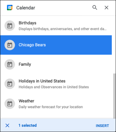 Elenco di Google Calendar nella barra laterale