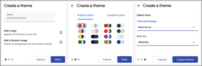 Pantallas para crear un tema en Google Sites