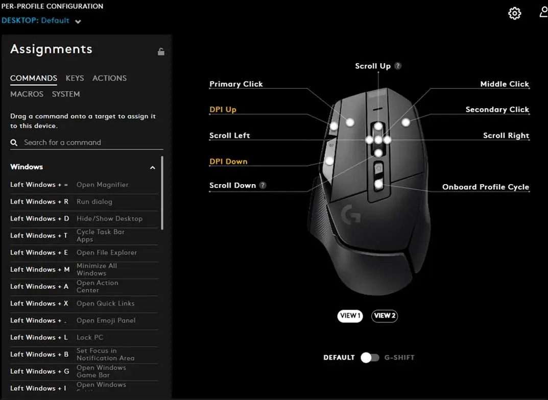 Program Logitech G Hub z możliwością dostosowania przycisków.