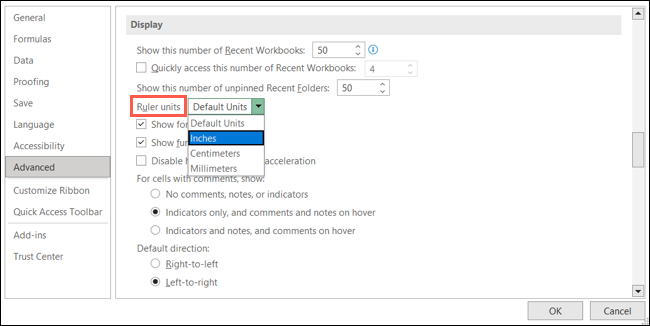 Impostazione dell'unità del righello in Excel