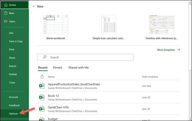 Optionen auf der Registerkarte Datei in Excel