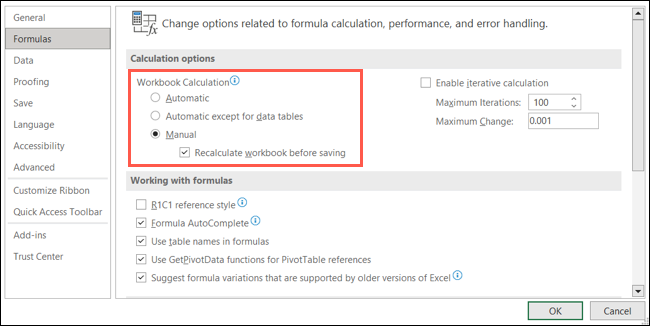 Setarea metodei de calcul în Excel