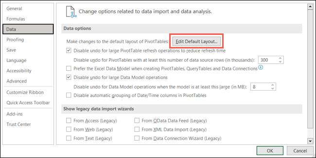 Pulsante Modifica layout predefinito per tabelle pivot