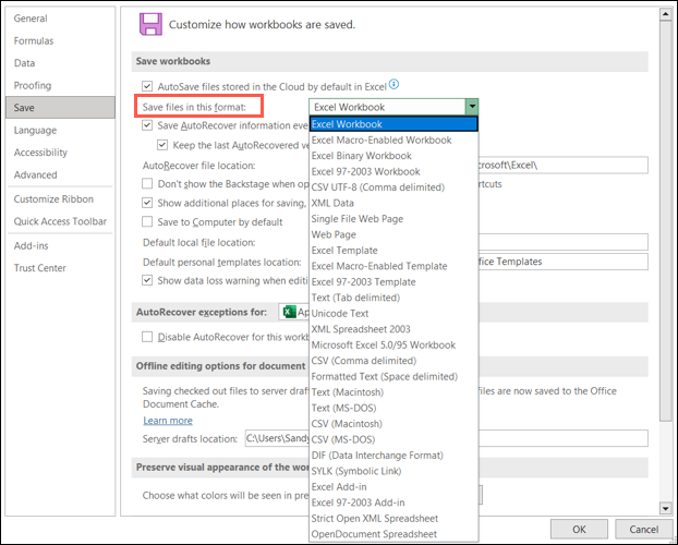 Opzioni di formato file predefinite in Excel