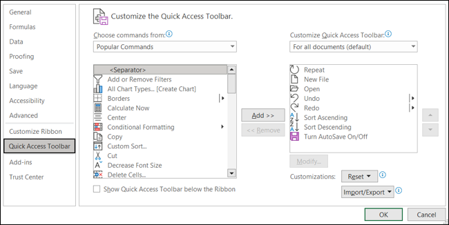 Impostazioni della barra degli strumenti di accesso rapido in Excel