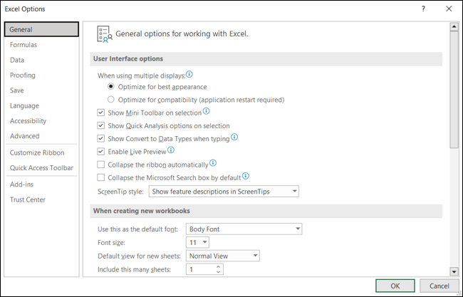 Fenêtre Options Excel