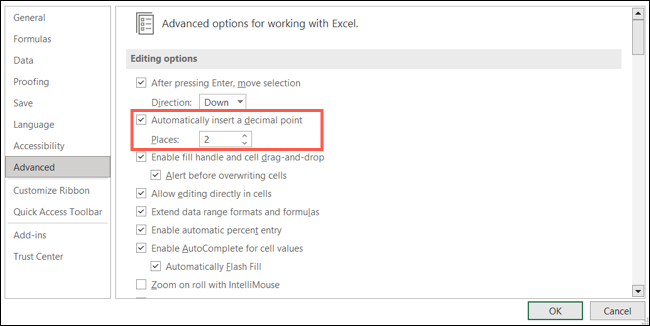 Impostazioni di posizione decimale in Excel