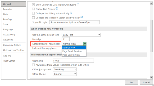 Visualizza le impostazioni per i nuovi fogli Excel