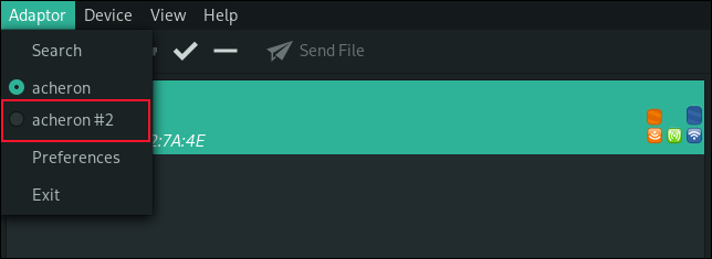 2 つの Bluetooth アダプターがリストされた Blueman の「Adaptor」メニュー