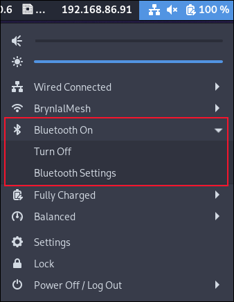 Menu système avec option de menu Bluetooth étendue