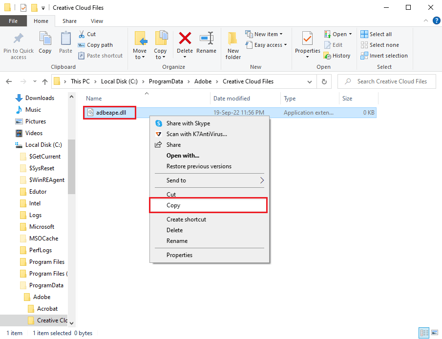 Klik kanan pada file adbeape.dll dan klik opsi Salin. Perbaiki Adobe After Effects Error 16 di Windows 10