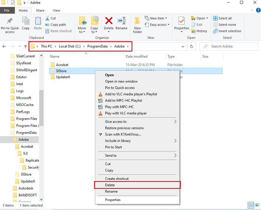 navegue a la carpeta de Adobe y seleccione la carpeta de Adobe y presione la tecla Eliminar para eliminar la carpeta