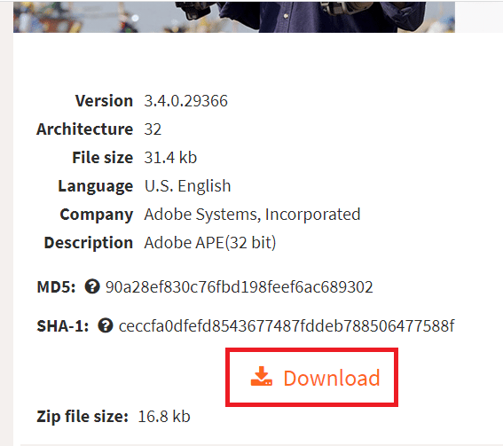 Buka link download adbeape.dll dan klik tombol Download sesuai spesifikasi PC