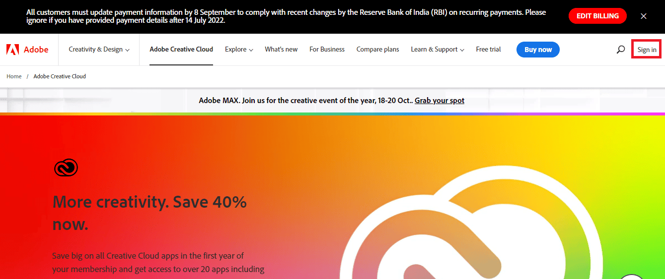 Buka halaman resmi situs Adobe dan klik tombol Masuk. Perbaiki Adobe After Effects Error 16 di Windows 10