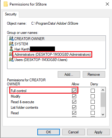 Seleccione la cuenta Administradores y marque la opción Control total en la sección Permitir. Solucionar el error 16 de Adobe After Effects en Windows 10