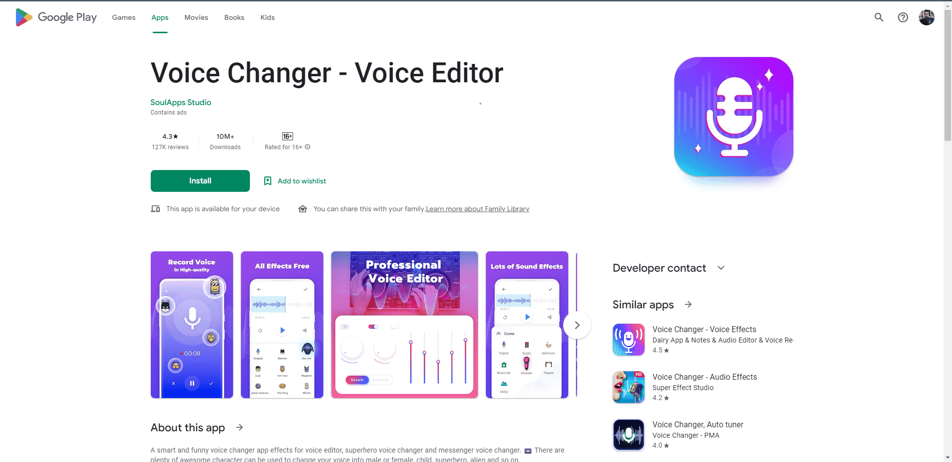 Página da loja de jogos do Voice Changer Voice Editor