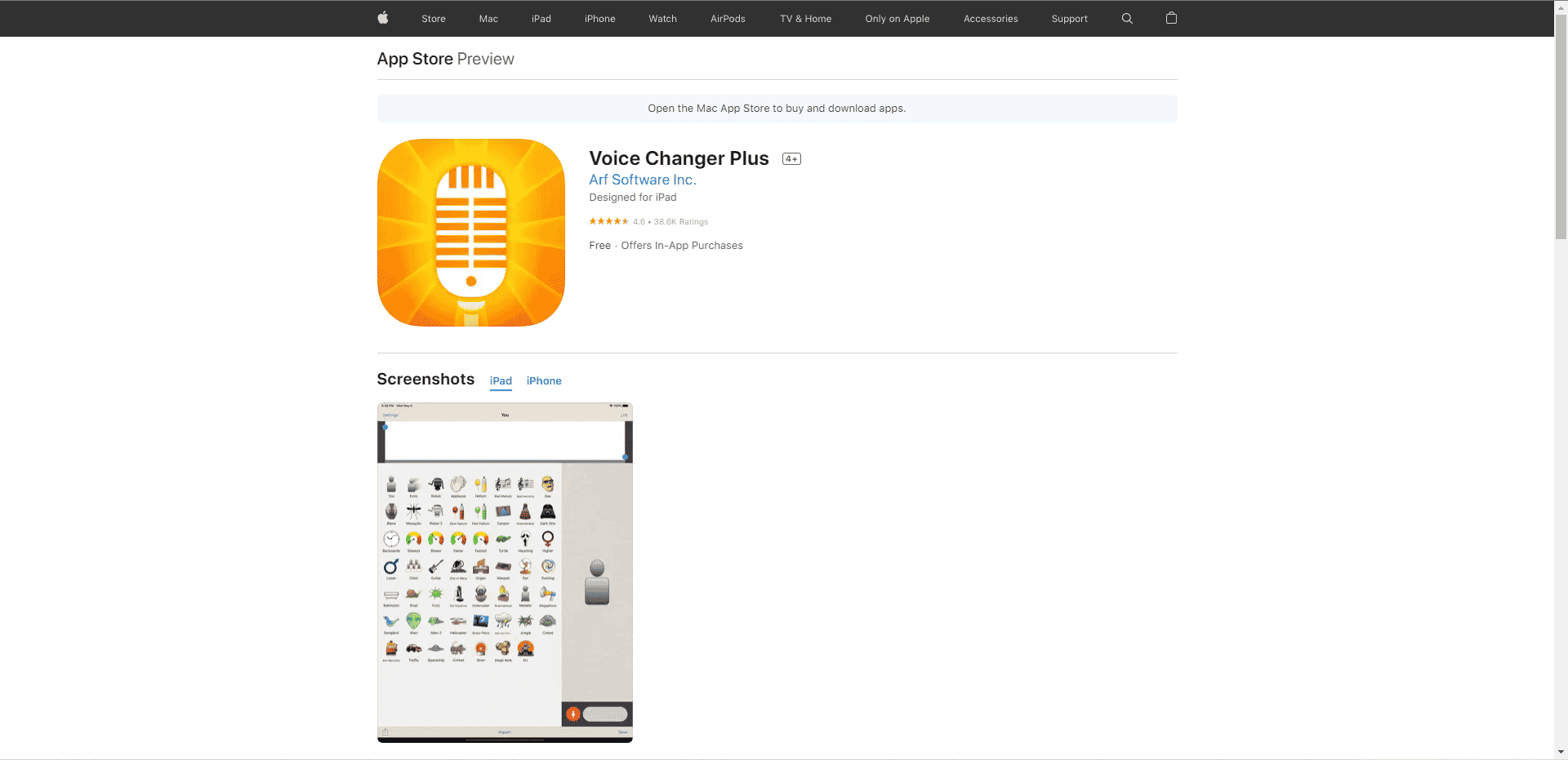 Pagina web dell'app store dell'app Voice Changer Plus