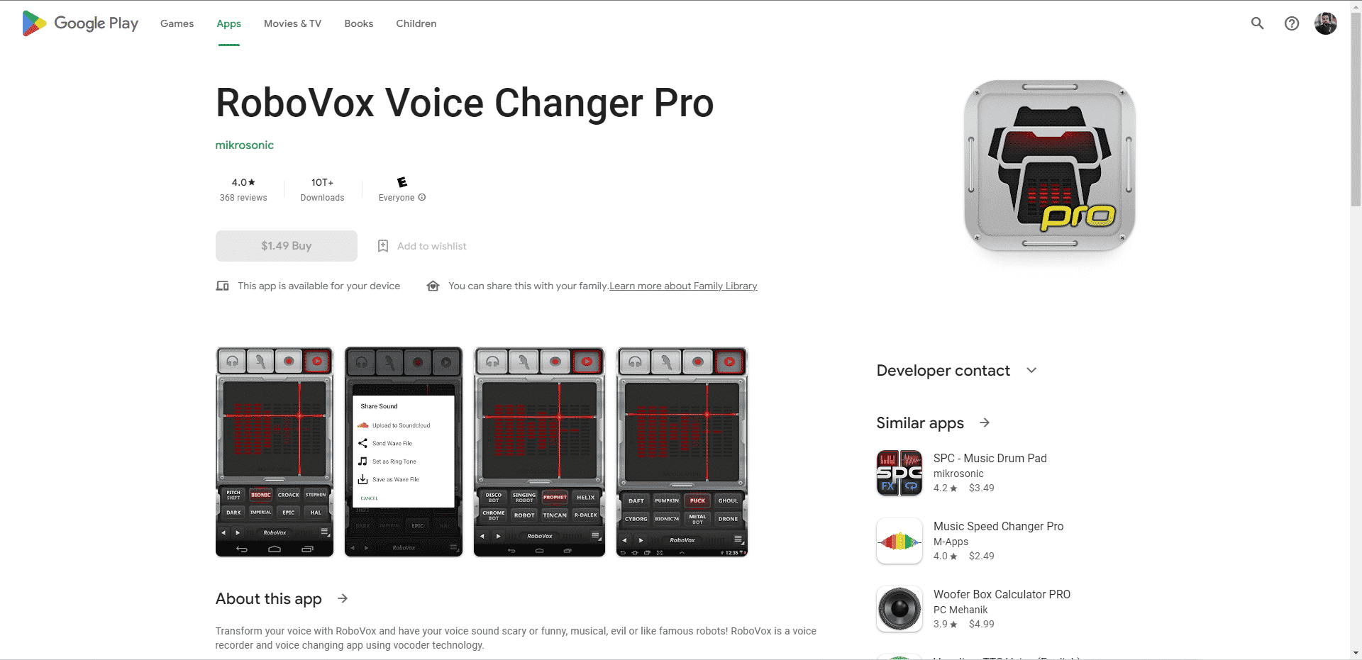 Página da loja RoboVox Voice Changer Pro Play