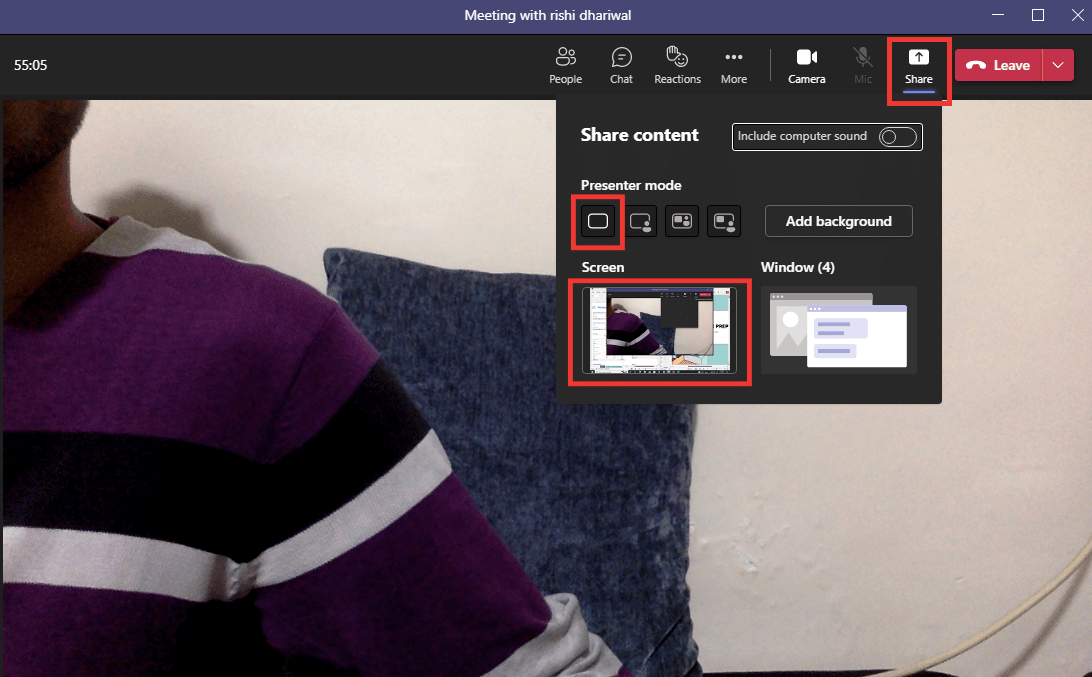 haga clic en el botón compartir. Elija el modo Presentador de solo contenido y luego haga clic en Pantalla. Cómo compartir múltiples pantallas en Microsoft Teams