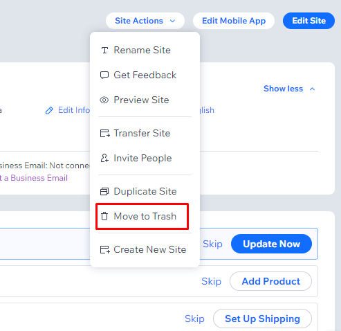 사이트 작업 드롭다운 메뉴에서 휴지통으로 이동 옵션을 클릭합니다. | Wix 도메인 취소