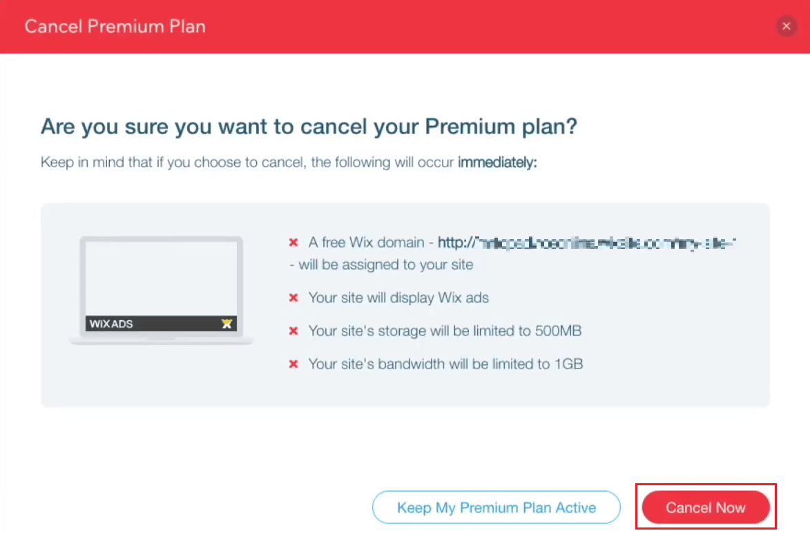 팝업 경고에서 지금 취소를 클릭하십시오 | Wix 계정 삭제 방법
