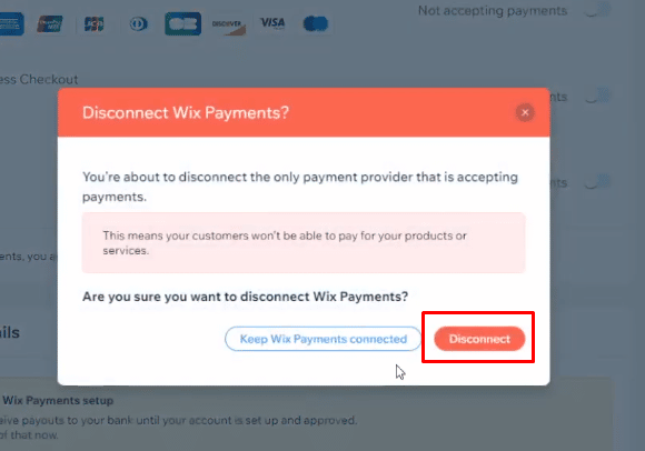 그런 다음 Disconnect Payment 경고 메시지에서 Disconnect를 클릭합니다.