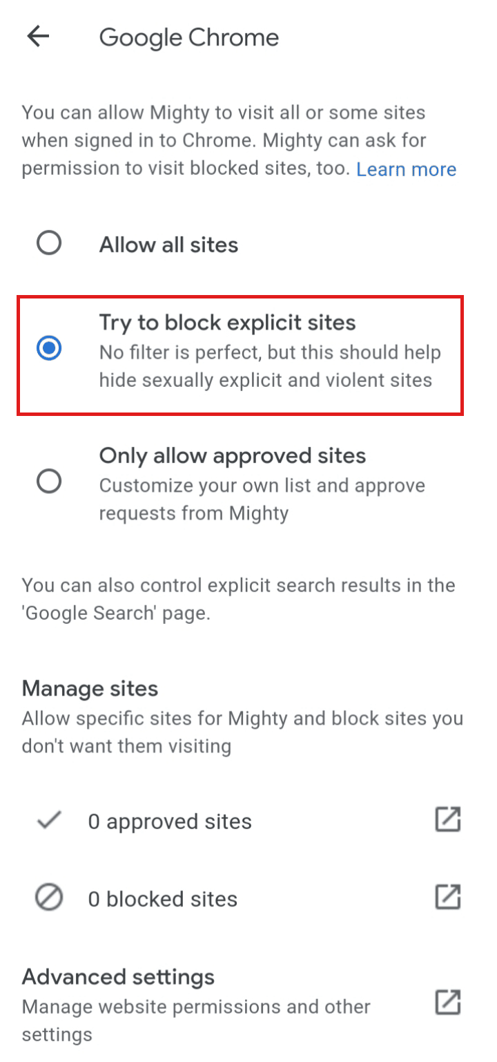 Atingeți opțiunea Încercați să blocați site-urile explicite.