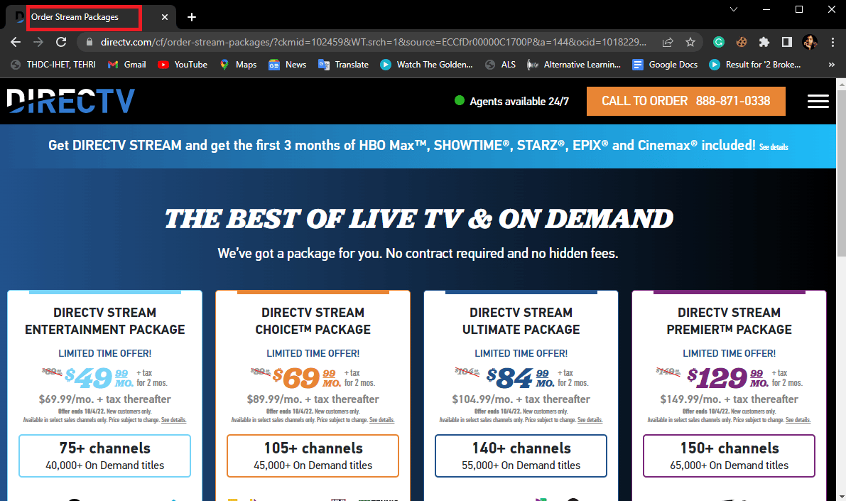 accédez à la page Web des packages DirecTV Order Stream