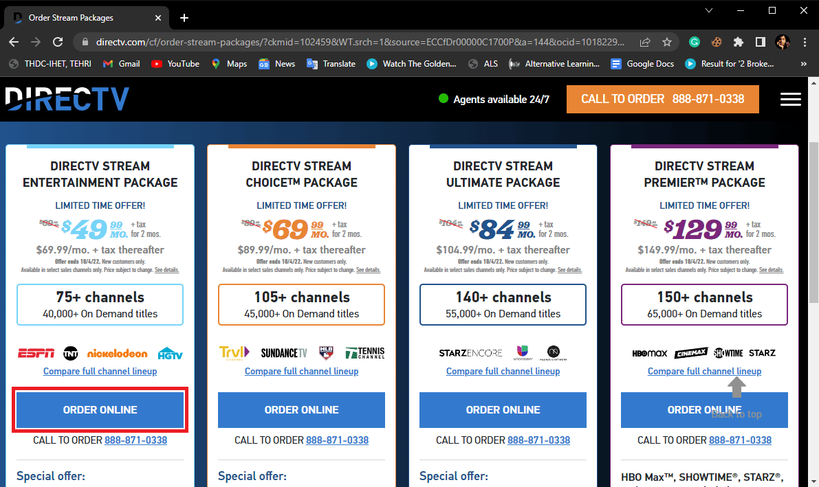 Selecione um dos pacotes clicando em ENCOMENDAR ONLINE