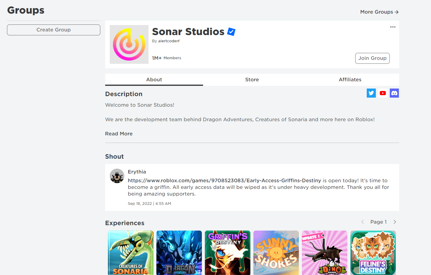 Sonar Studios Roblox sayfası