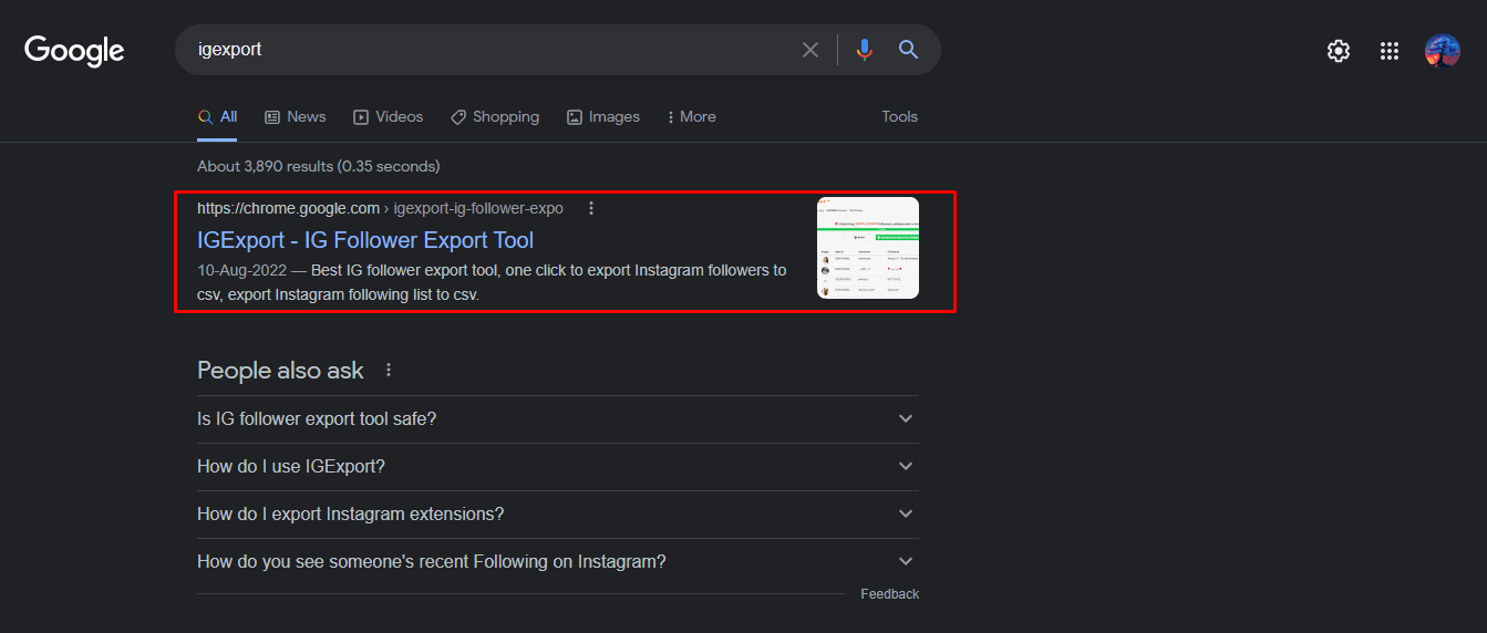 Sekarang cari istilah ekstensi IGEXPORT di Google Search Bar dan tunggu sampai hasil pencarian dimuat | cara menemukan komentar seseorang di Instagram | lihat suka dan komentar seseorang di Instagram