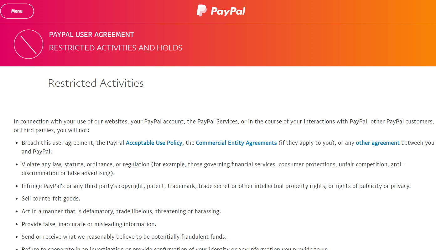 Kısıtlanmış Faaliyetler ve Tutar PayPal | PayPal İşletme Hesabı Nasıl Silinir