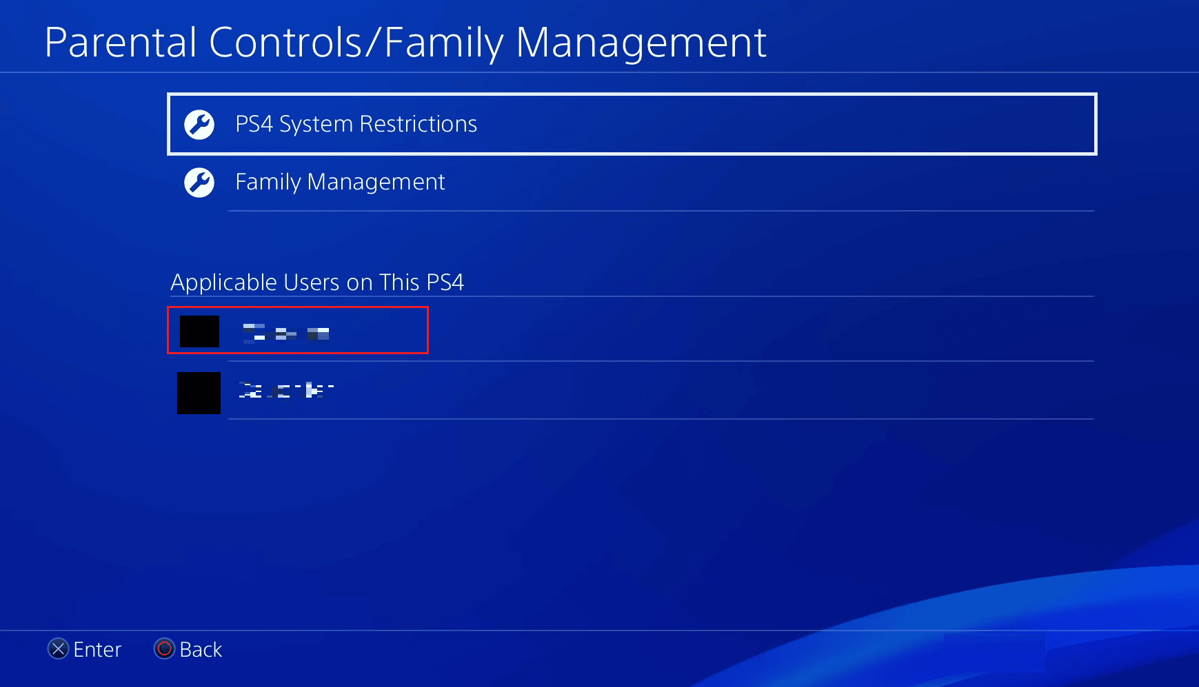 Escolha o usuário desejado para quem você deseja restringir o acesso | Como alterar o Family Manager no PS4