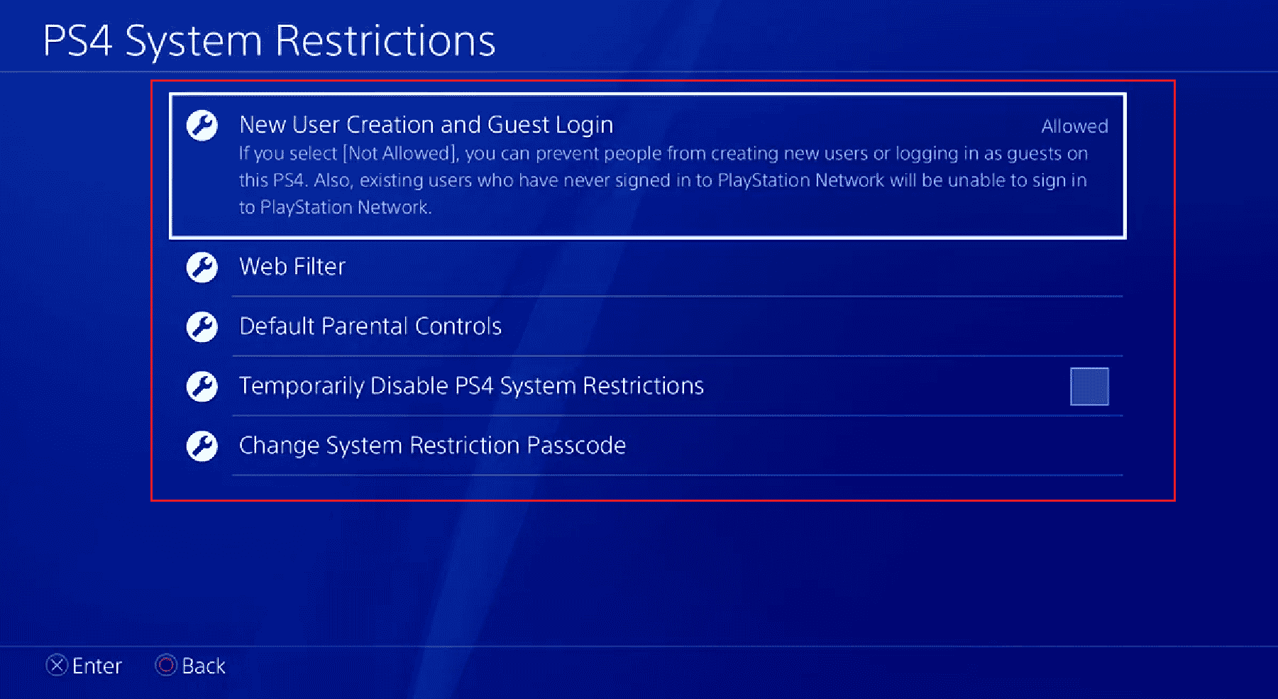 Pantalla Restricciones del sistema PS4: ajuste las diferentes configuraciones de control parental