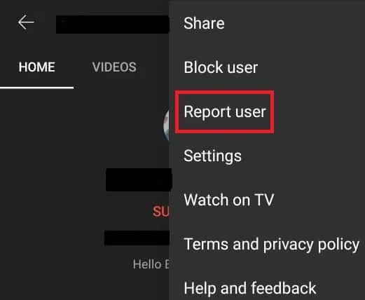 Selectați Raportare utilizator din meniul | Cum să ștergeți canalul YouTube de pe telefon