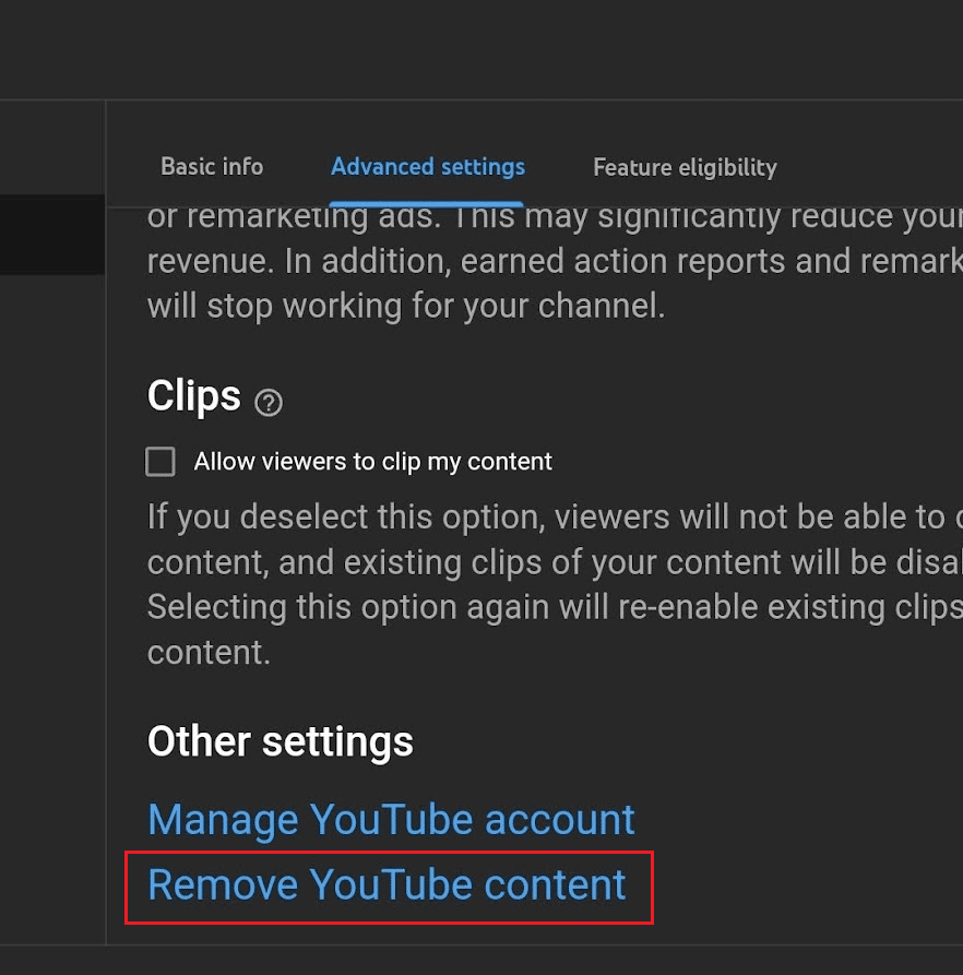 Deslize para baixo e selecione Remover conteúdo do Youtube