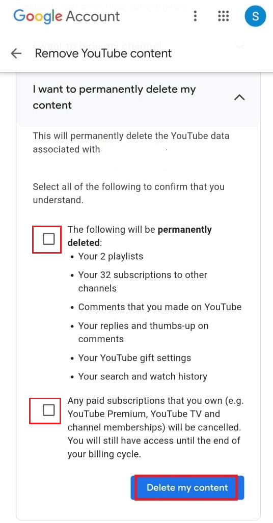 Cochez les deux cases pour confirmer que vous souhaitez supprimer votre contenu YouTube - Supprimer mon contenu | Comment supprimer une chaîne YouTube sur un téléphone