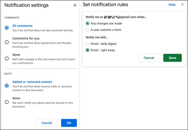 Benachrichtigungsoptionen in Google Docs und Sheets