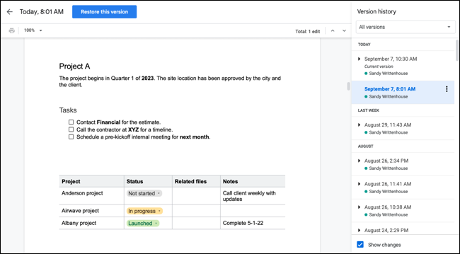 Google 文檔中的版本歷史記錄