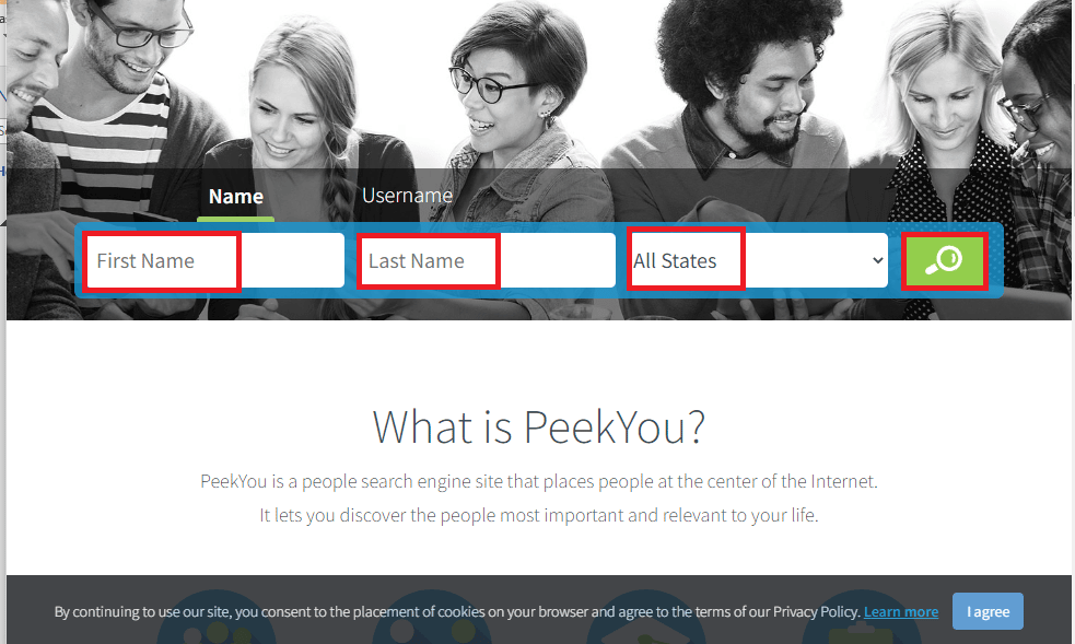 PeekYou 웹사이트를 열고 필드에 이름을 입력하고 위치를 선택하고 검색 아이콘을 클릭합니다. WhatsApp에서 번호 없이 누군가를 찾는 방법