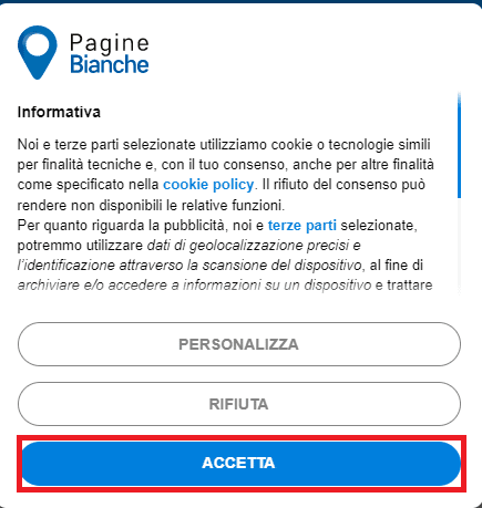 PagineBianche Web サイトを開き、ACCETTA ボタンをクリックします。