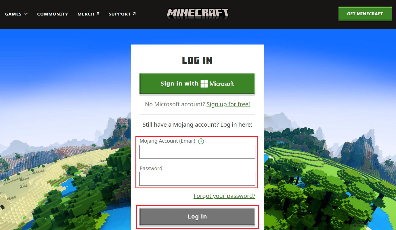 หน้าเข้าสู่ระบบ Minecraft - ป้อนข้อมูลบัญชี Mojang ของคุณและคลิกที่เข้าสู่ระบบ