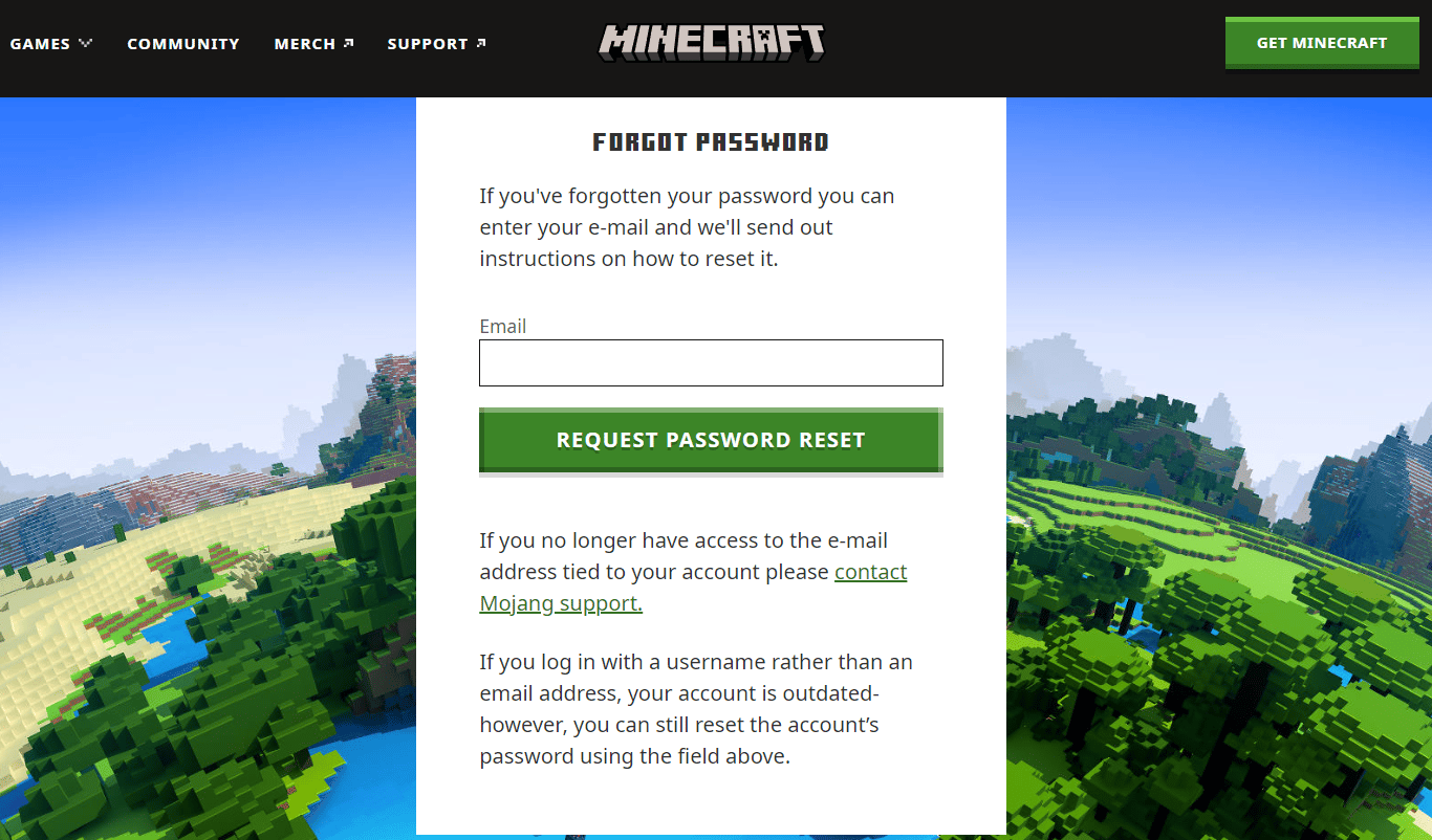 Mot de passe oublié page Minecraft