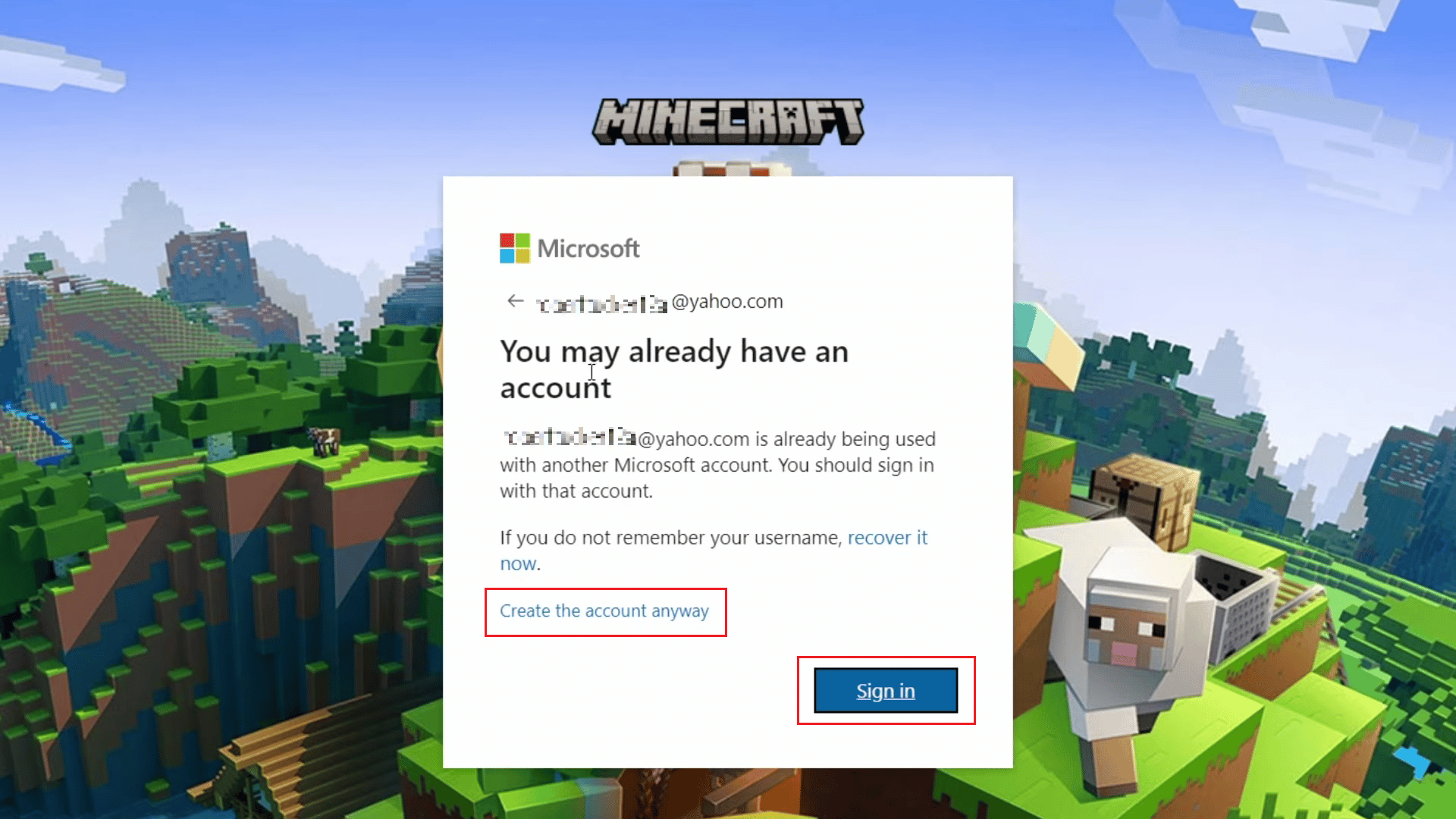 fai clic su Accedi e segui le istruzioni sullo schermo per accedere al tuo account OPPURE Crea l'account comunque se l'account Mincraft non è il tuo account Microsoft