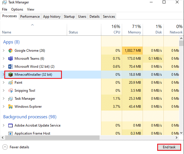 seleccione las tareas de Minecraft que se ejecutan en segundo plano. Haga clic en Finalizar tarea