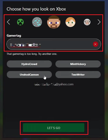 เลือก gamertag และอวาตาร์ Xbox ของคุณแล้วคลิกที่ LET'S GO
