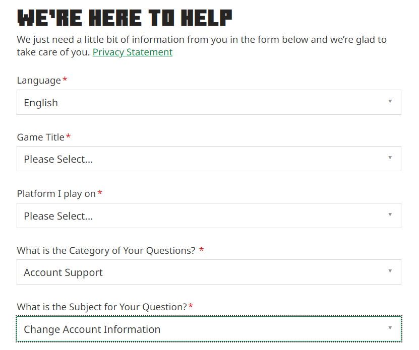 Minecraft 提交請求頁面 - 選擇所需選項 - 帳戶支持 - 更改帳戶信息